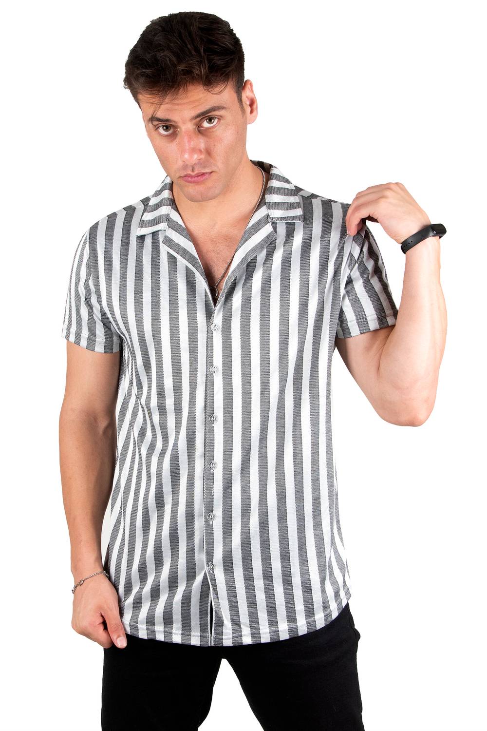 DeepSEA Open Collar Buttoned Lycra Short Sleeve Combed Cotton Shirt 2300464