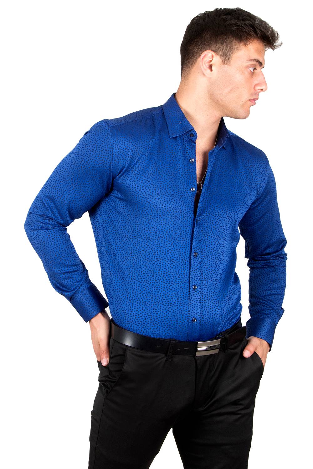 DeepSEA High Collar Dot Patterned Jacquard Slim Fit Men's Shirt 2309349