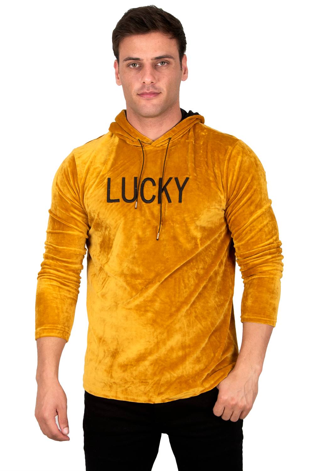 DeepSEA Velvet Lucky Text Printed Hooded Sweatshirt 23000414