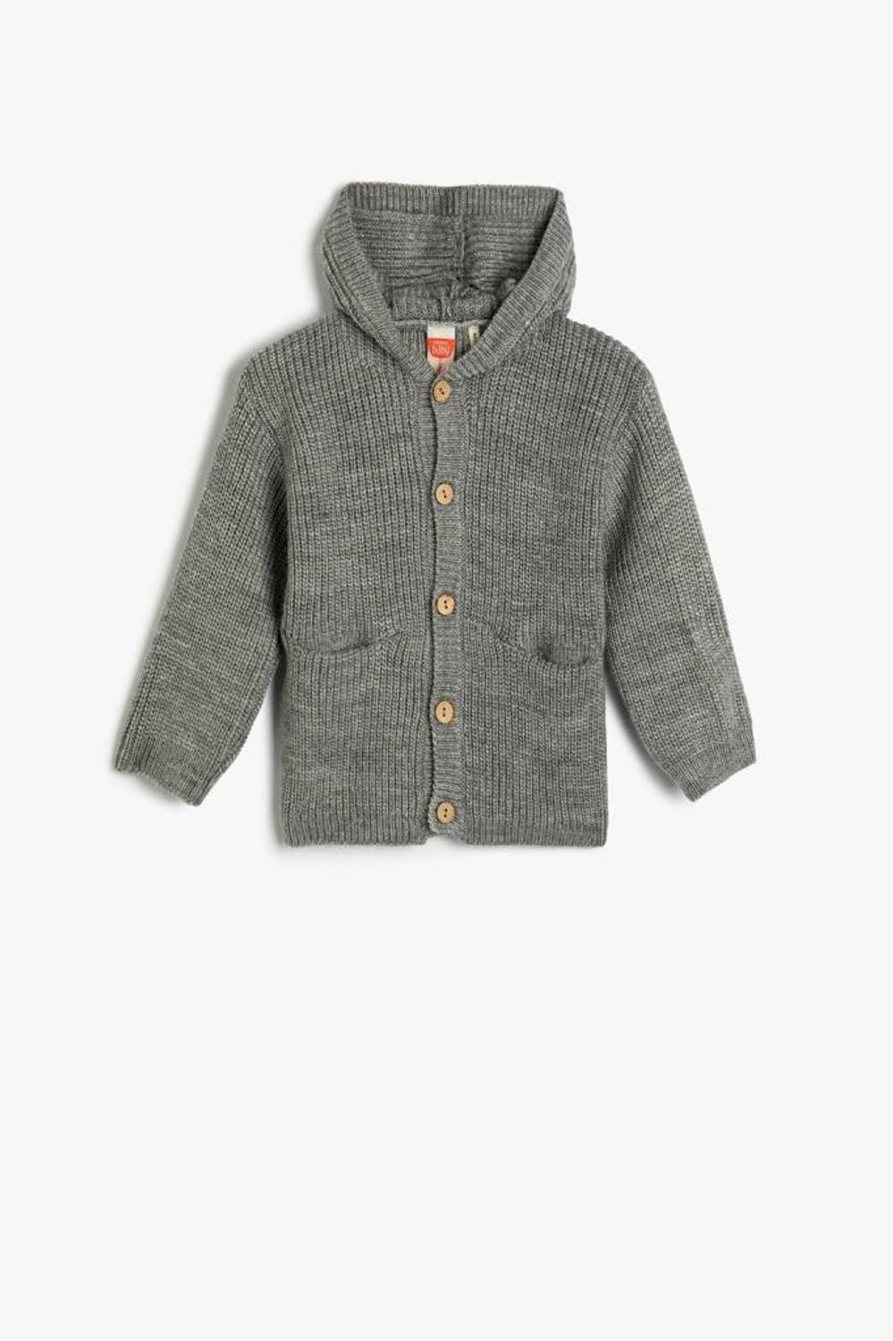 Koton Baby Boy Hooded Knitted Cardigan Button Closure with Pocket Detail