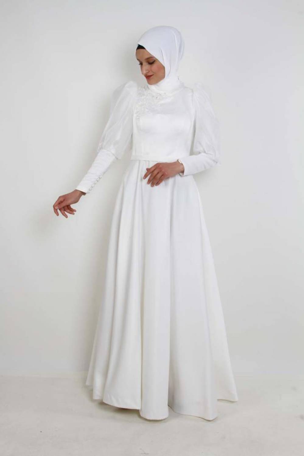 4185 Balloon Sleeve Bust Detailed Ecru Evening Dress