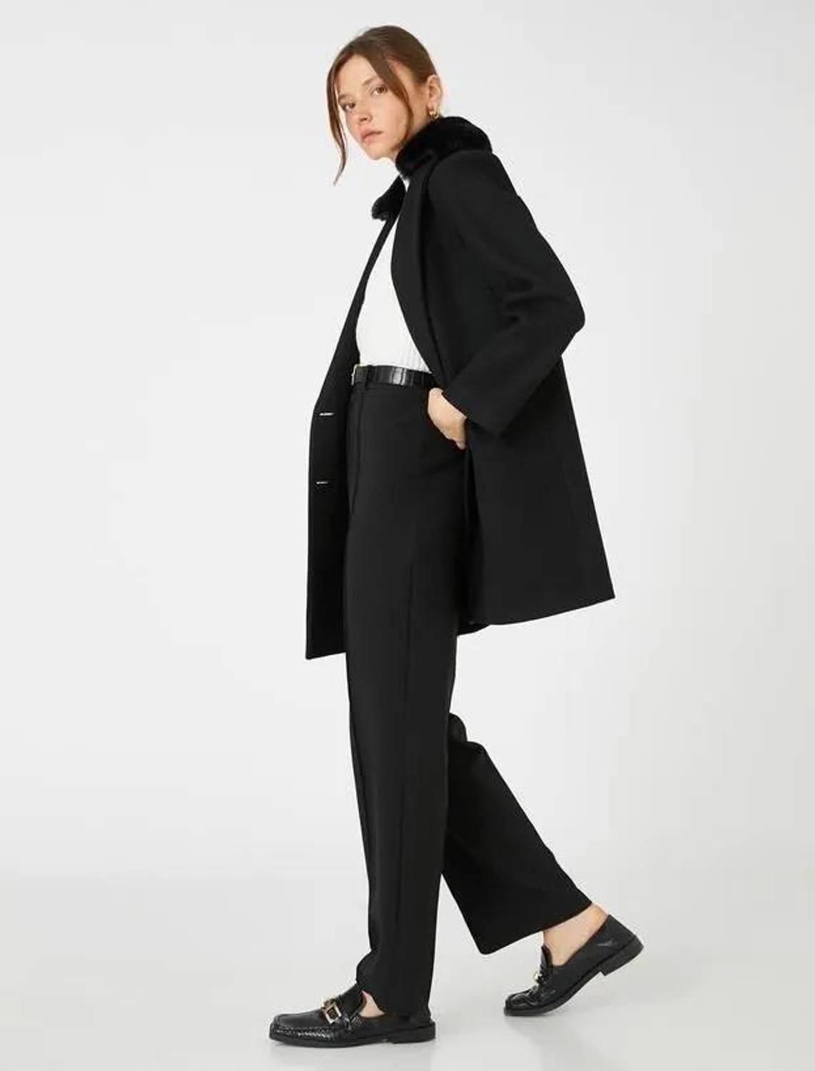 Koton Women's Double Breasted Cachet Coat Plush Detailed