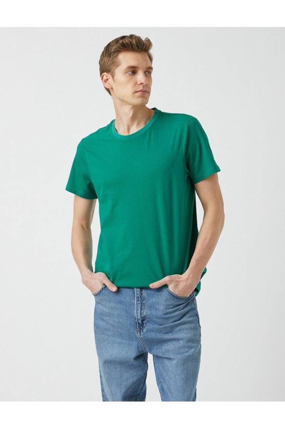 Мужская базовая футболка Slim Fit Koton, размер M, зеленая, идеально сидит на фигуре