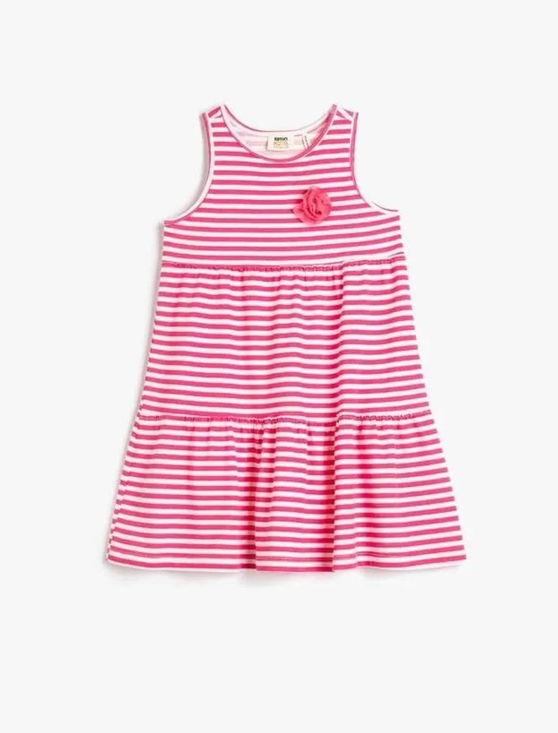 فستان بناتي قطن بدون أكمام ياقة دائرية مزين بتفاصيل من القطن