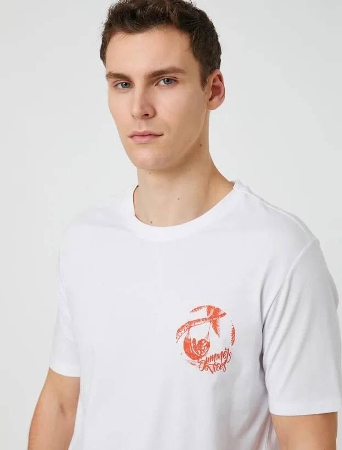 Мужская футболка Koton с круглым вырезом, коротким рукавом и принтом пальм, 100% хлопок, белая, размер XXL