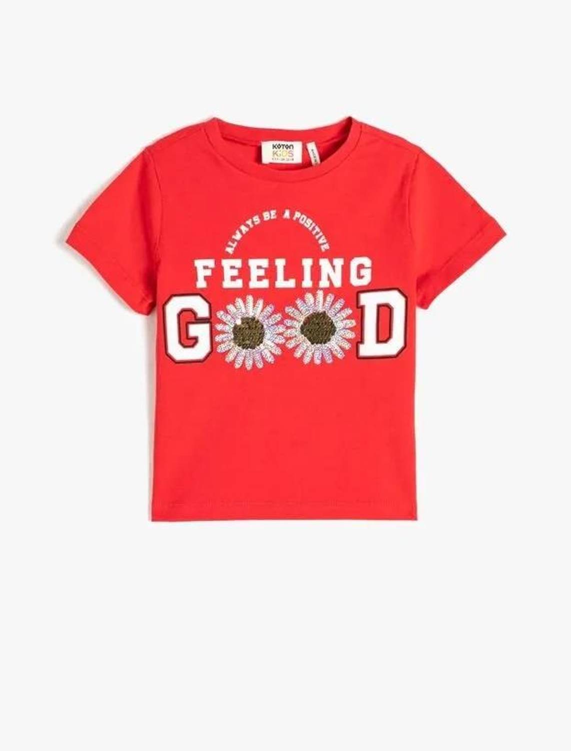 Koton Kız Çocuk Tişört Kısa Kollu Baskılı Pul Payet İşlemeli Pamuklu