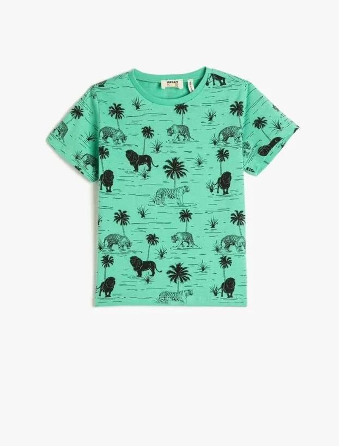 Koton Erkek Çocuk Tişört Kaplan ve Aslan Baskılı Kısa Kollu Bisiklet Yaka Pamuklu