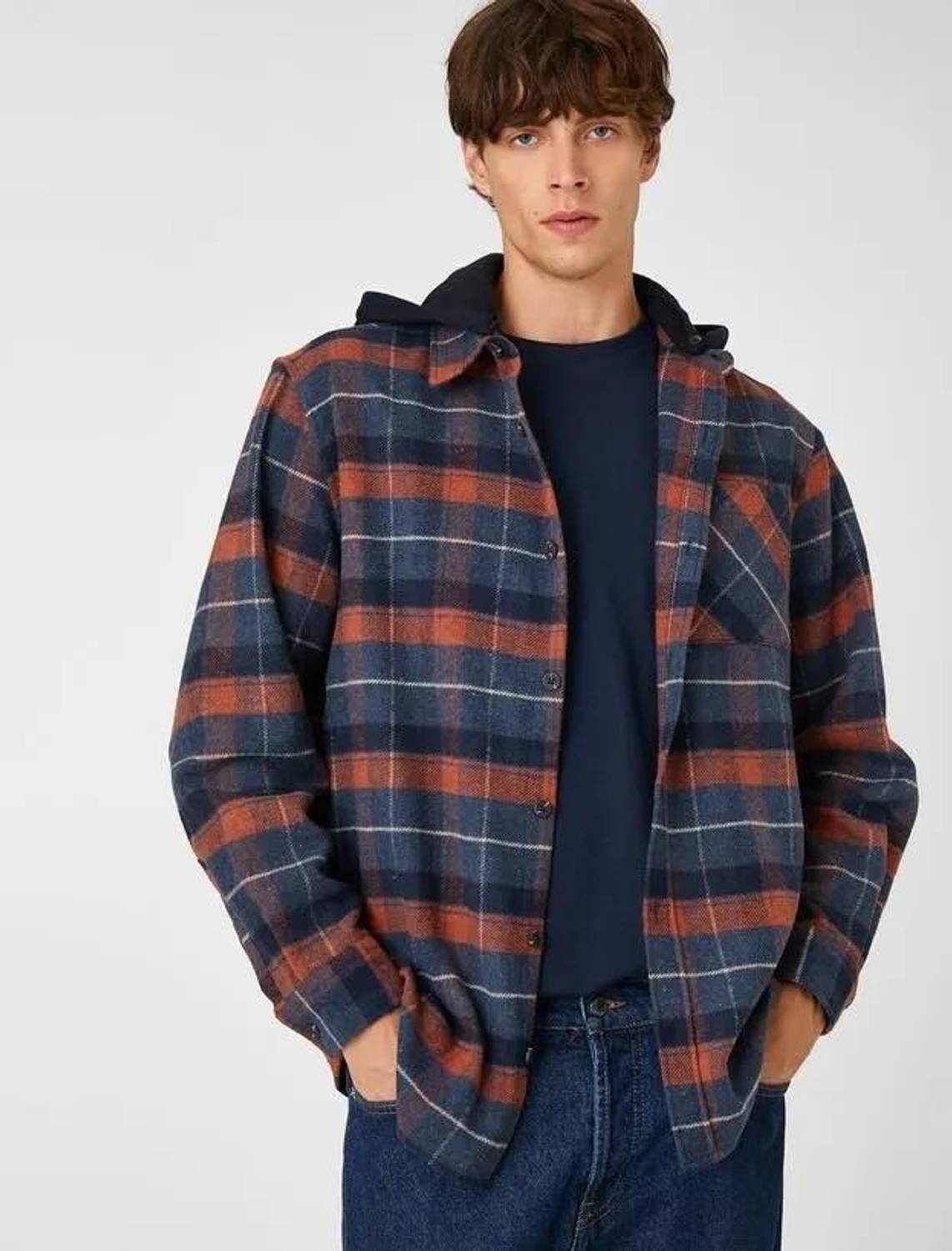 Koton Men's Plaid Lumberjack Shirt With Hooded Pocket Detailed