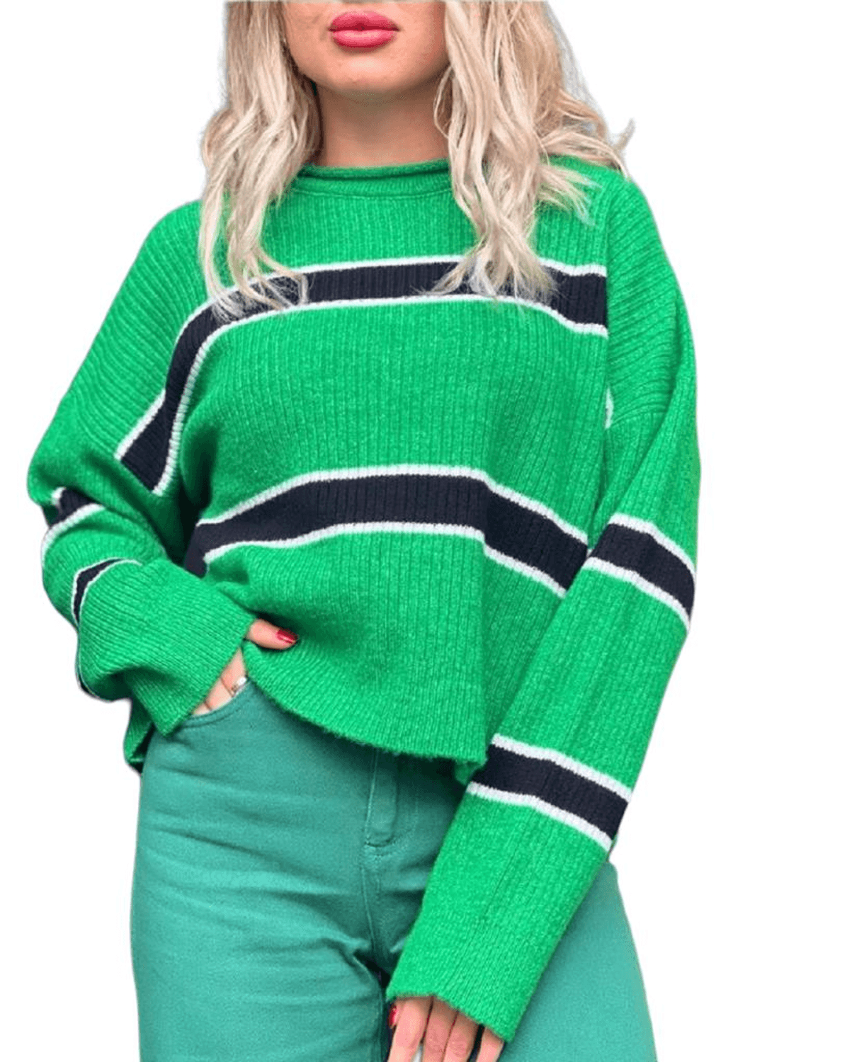 Hipatu Women's Ribbed Striped Sausage Collar Sweater - Green