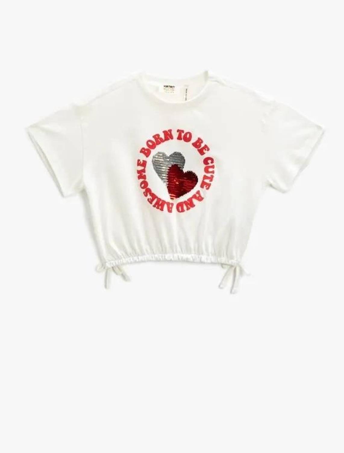 Cotton Girls' Crop T-Shirt Elastic Waist Tieed Sequin Embroidered Short Sleeve