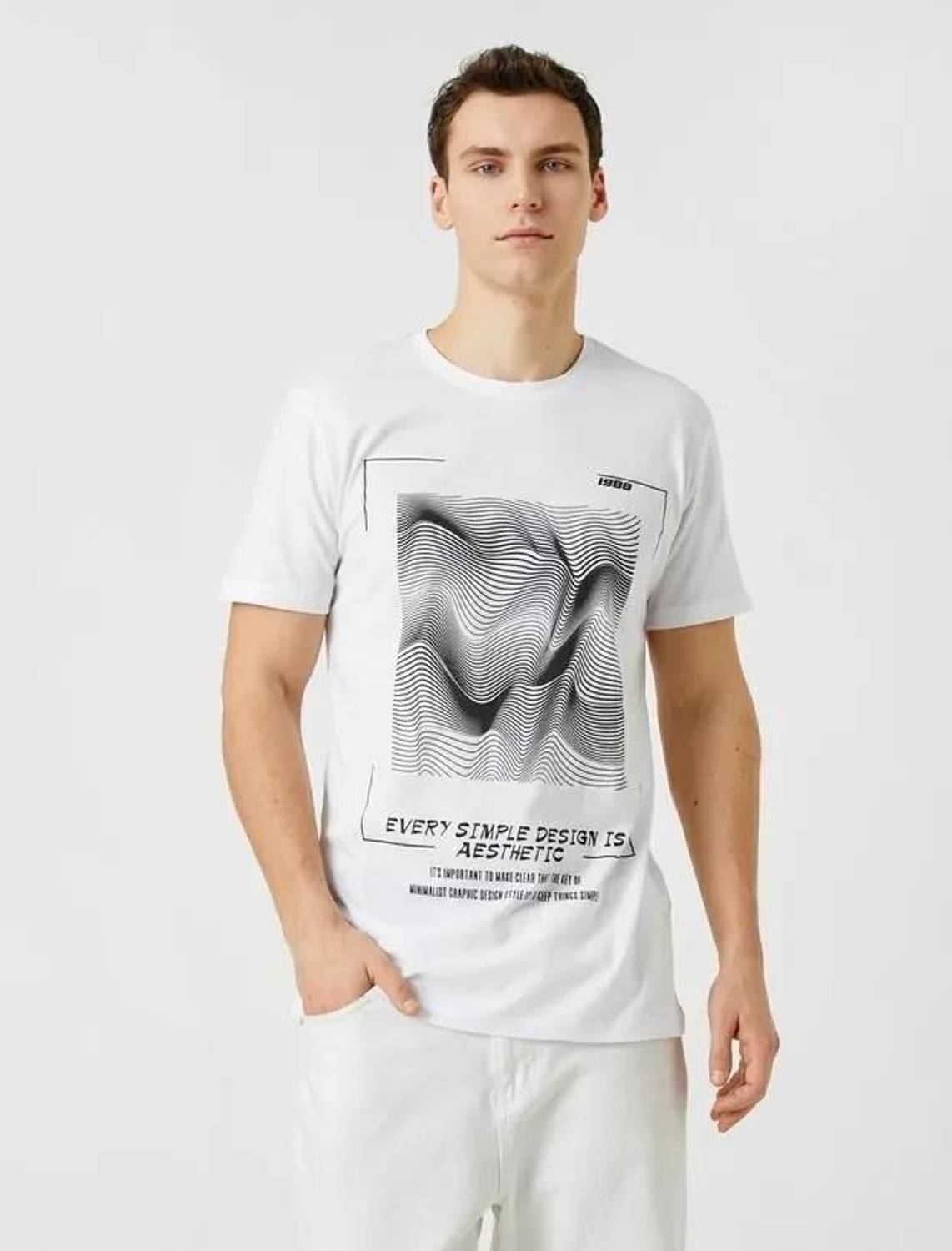 Koton Men's Slogan Printed T-Shirt Geometric Detailed Crew Neck Slim Fit