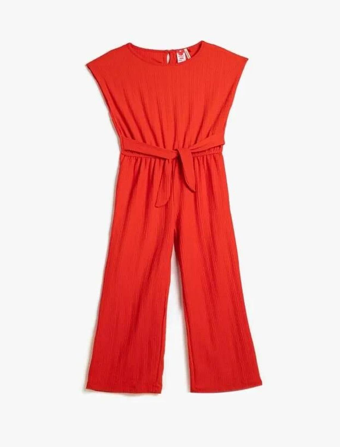 Cotton Girls' Jumpsuit Full Length Sleeveless Round Neck Sash Detailed