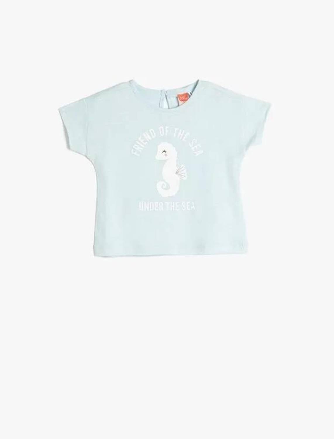 Koton Kız Bebek Tişört Kısa Kollu Bisiklet Yaka Deniz Atı Baskılı Pamuklu