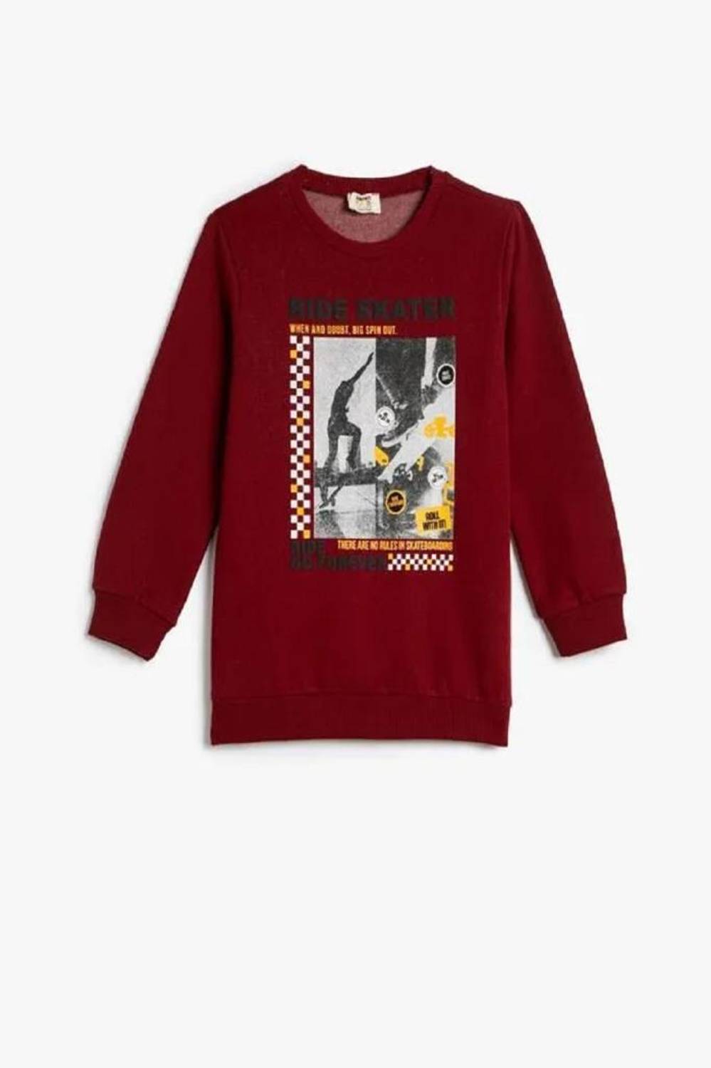 Футболка для хлопців Koton з довгими рукавами, бавовняна, зі змістом про скейтборди, бордового кольору, з м'якою текстурою