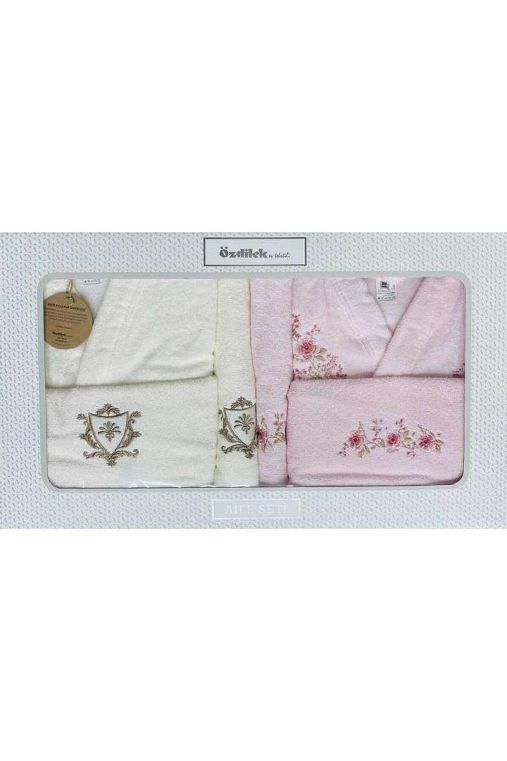 Комплект родинних халатів Özdilek Cheerful Кремово-рожевий з вишивкою, 100% бавовна, розміри M/L, 2 халати, 2 банних рушники, 2 обличчяних рушники