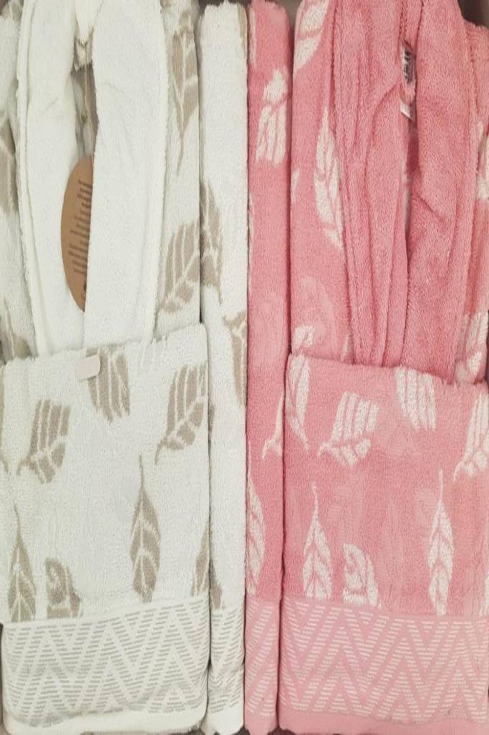 Комплект халатов Özdilek Lilyana для семьи - кремово-розовый, 100% хлопок, размеры M и L, включает 2 бани и 2 лицевых полотенца