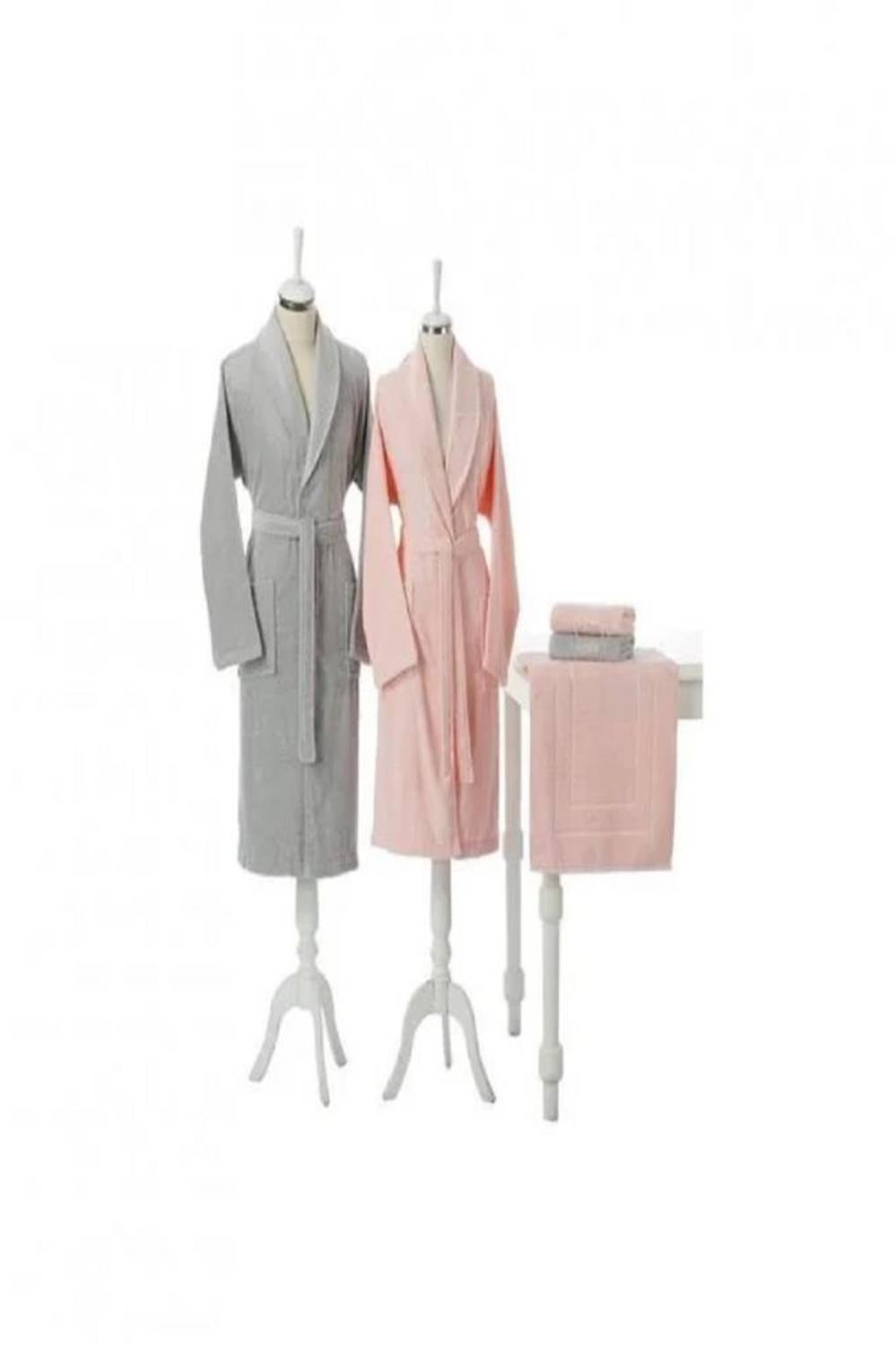Комплект халатів Özdilek Branch Aile - Сірий-Рожевий, 100% бавовна, розміри M та L, 2 банні та 2 рукодільні рушники