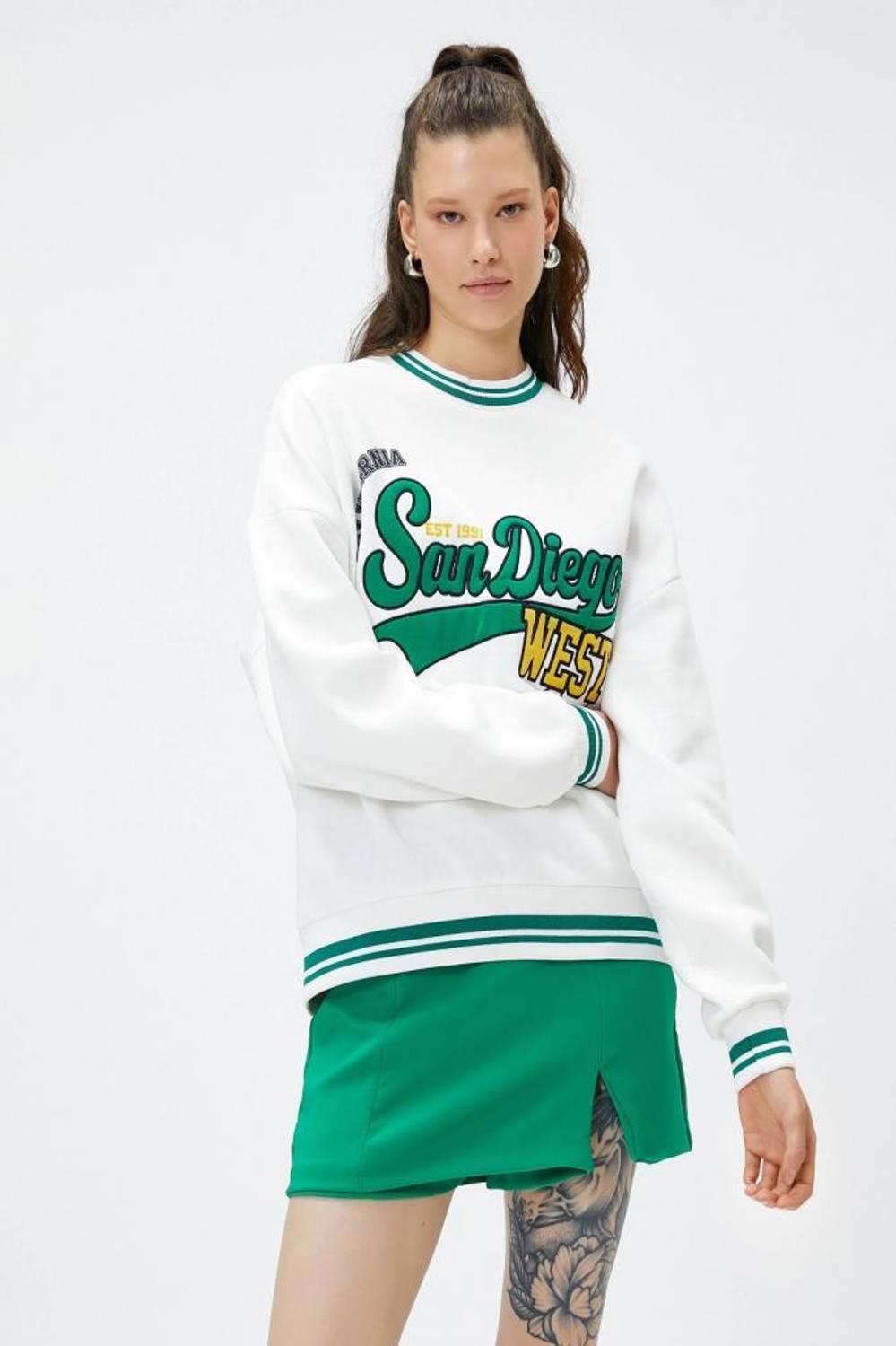 Koton Crew Neck Sweatshirt College Embroidered Ribbed