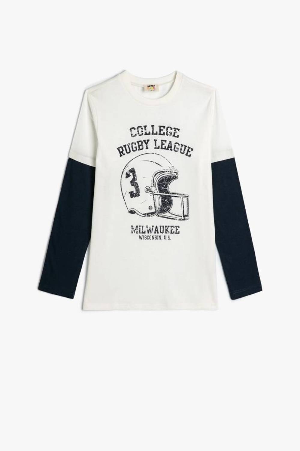 تي شيرت Koton Boy's College بأكمام طويلة ورقبة دائرية وطباعة مفصلة من القطن