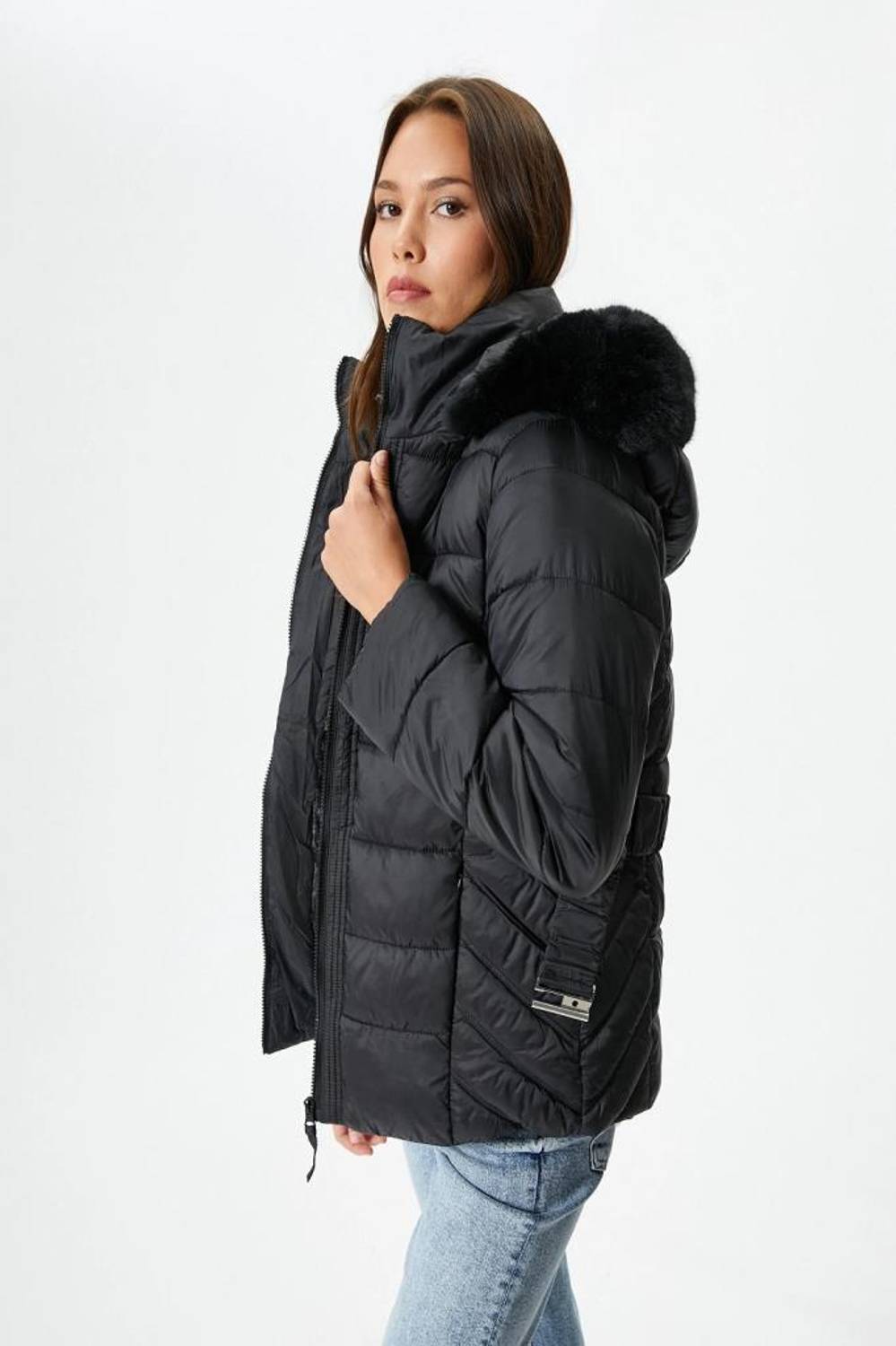 Koton Short Puffer Jacket with Belt and Removable Hood