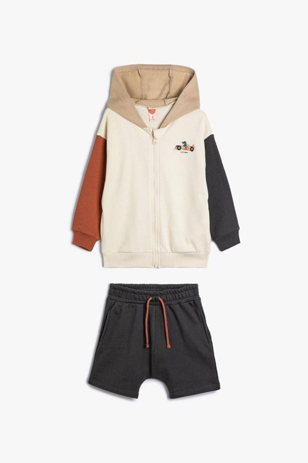 طقم سويت شيرت وسروال قصير بغطاء للرأس من كوتون بيبي بوي من القطن