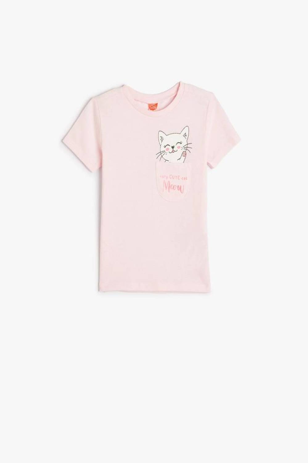 Футболка для дівчаток Koton з коротким рукавом, принтом кішки, з кишенею, 100% бавовна, розміри 4-5 років, 24-36 місяців, рожева