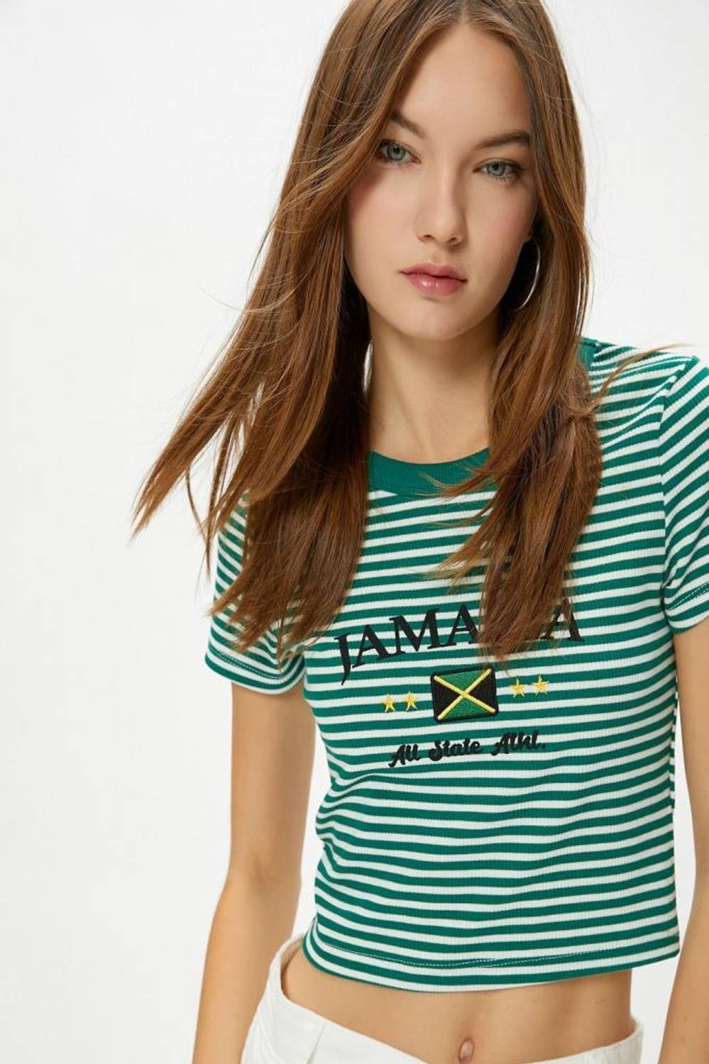 Koton Crop T-Shirt Short Sleeve Crew Neck Slim Fit Camisole Embroidered Green Stripes