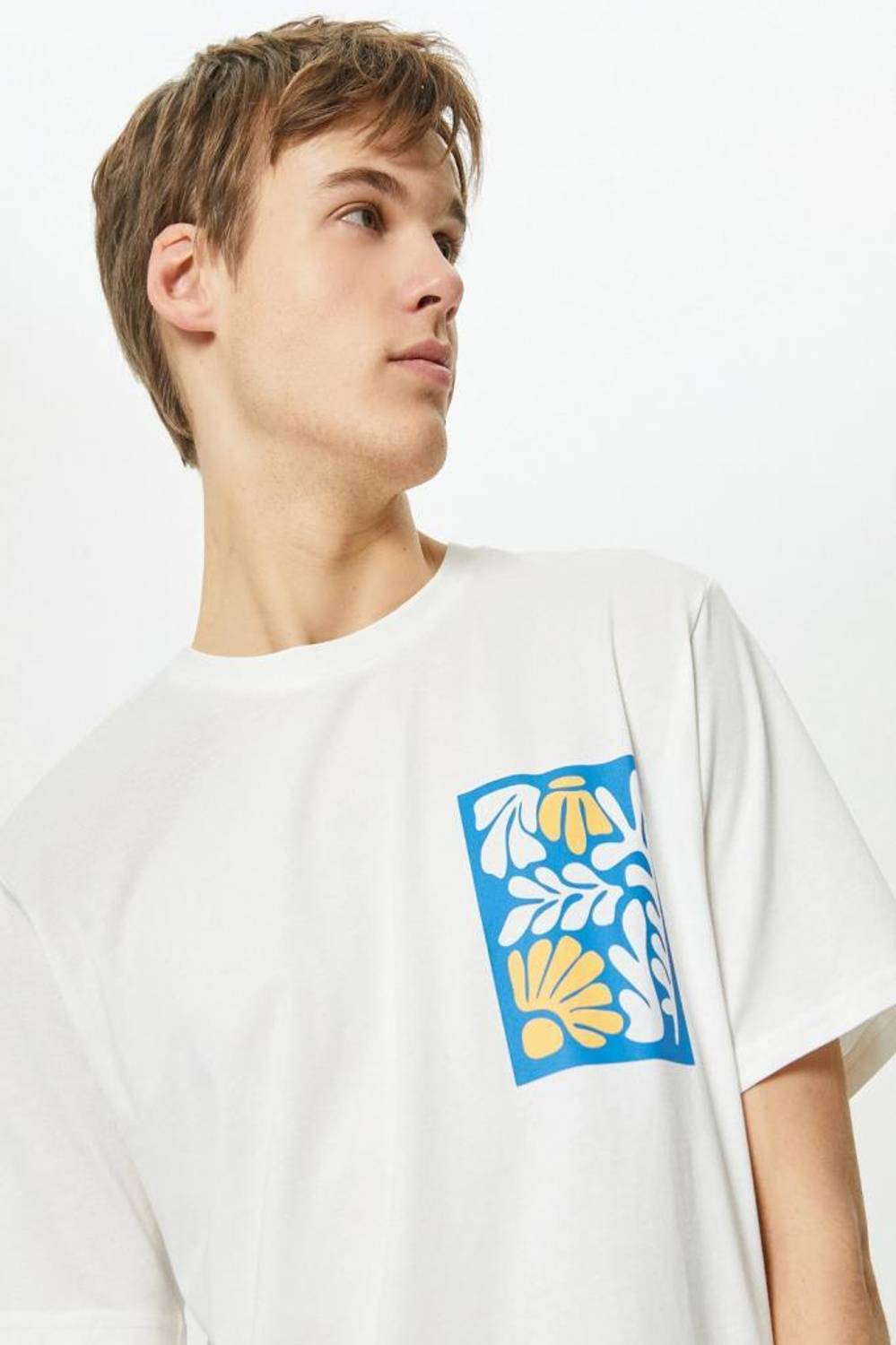 Printed Short Sleeve Cotton T-Shirt with Crew Neck in White for Men