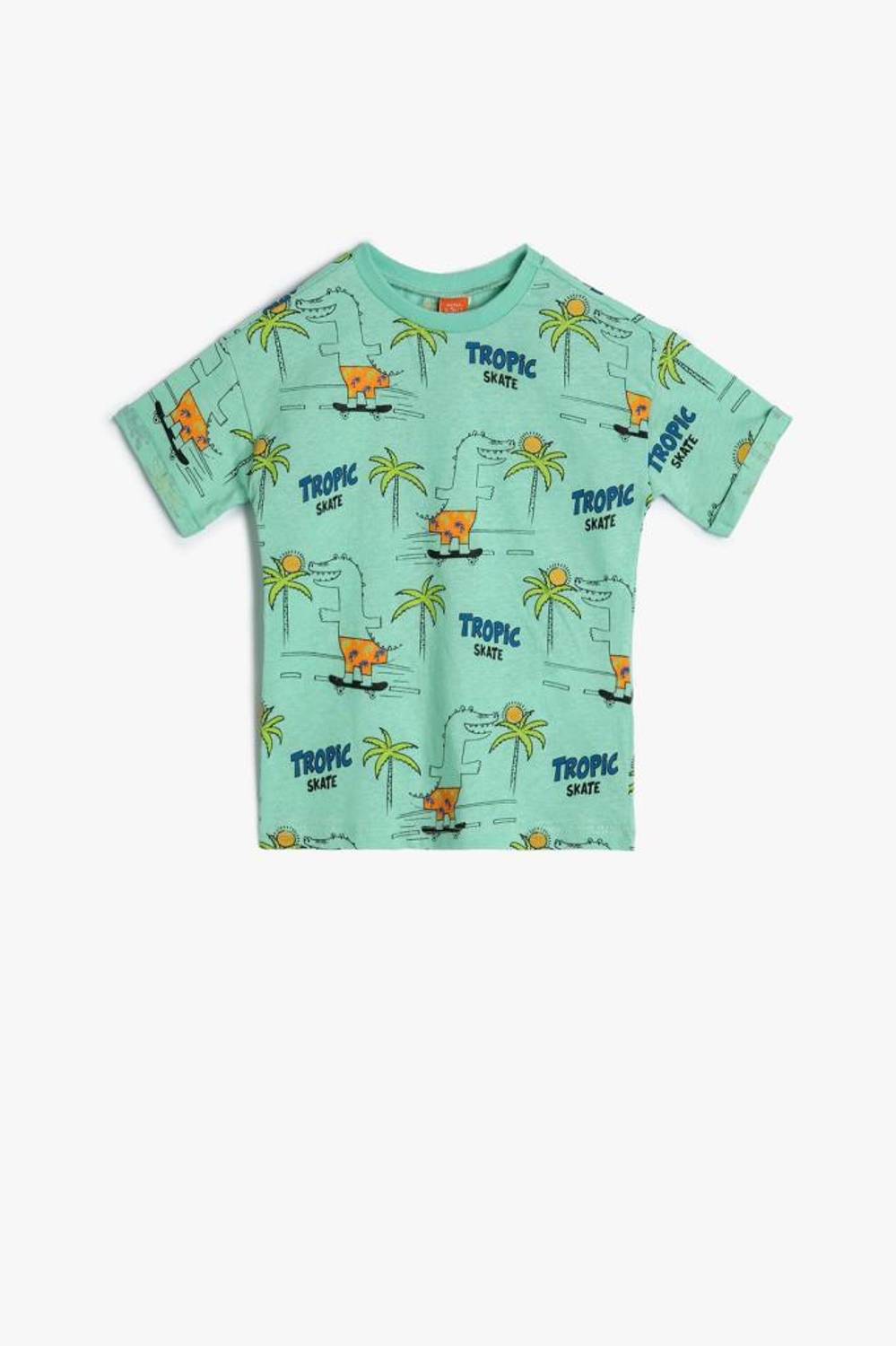 تي شيرت كوتون للأطفال الأولاد مطبوع عليه ديناصور بأكمام قصيرة ورقبة دائرية من القطن