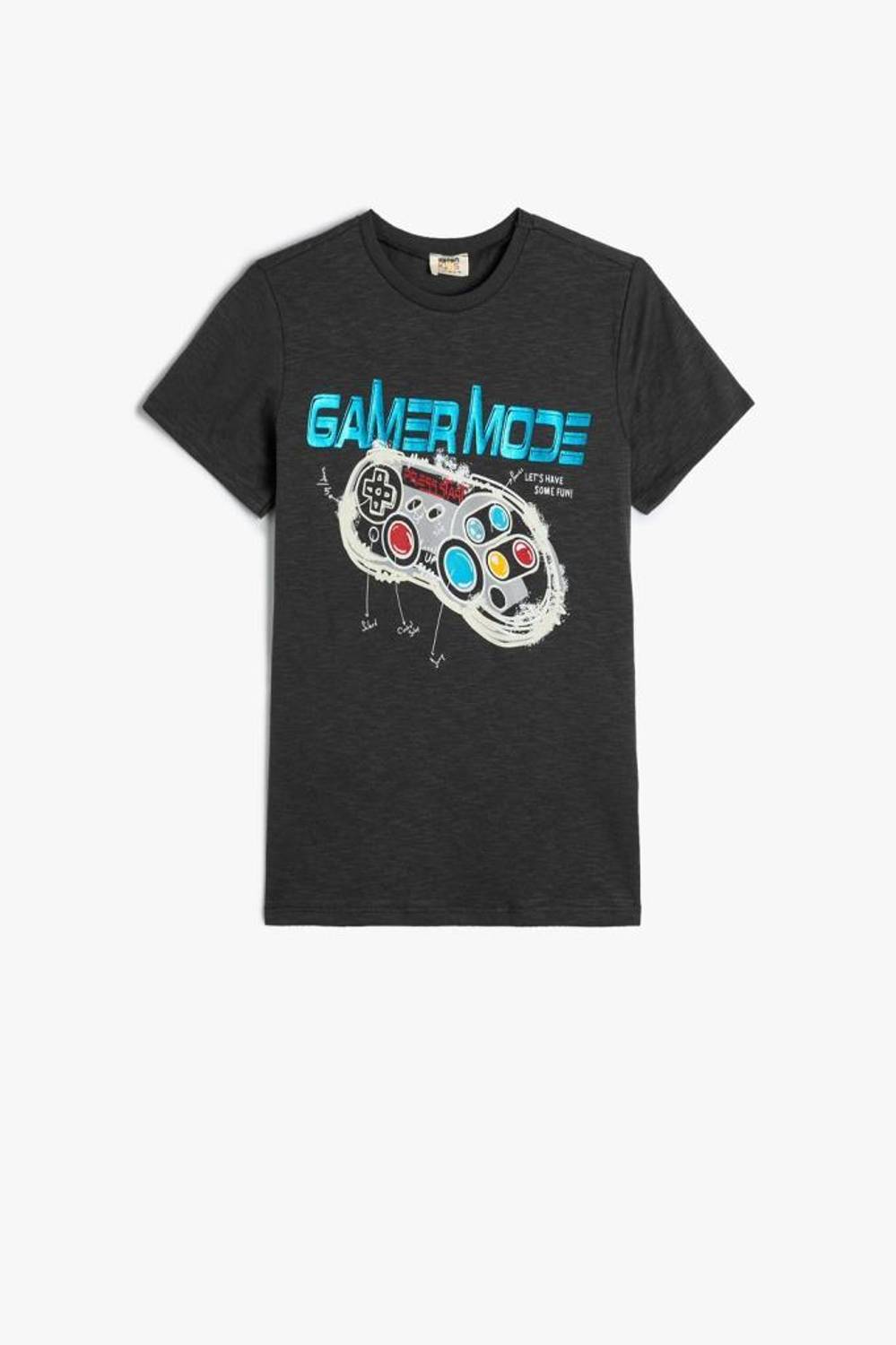 Boys' Game-Themed Short Sleeve Cotton T-Shirt in Anthracite, Size 7-8 Years