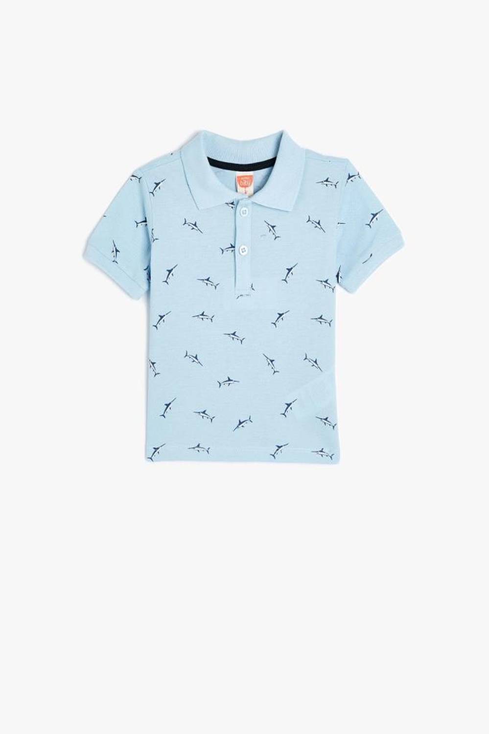 تيشيرت بولو بياقة للذكور للأطفال مطبوع بقماش من القطن القصير الأكمام آمن وصديق للبيئة باللون الأزرق