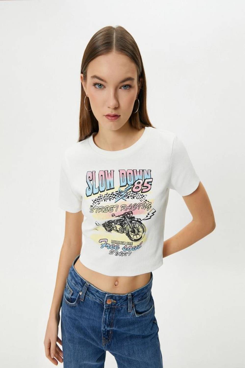 Koton Baskılı Crop Tişört Kısa Kollu Bisiklet Yaka Pamuklu