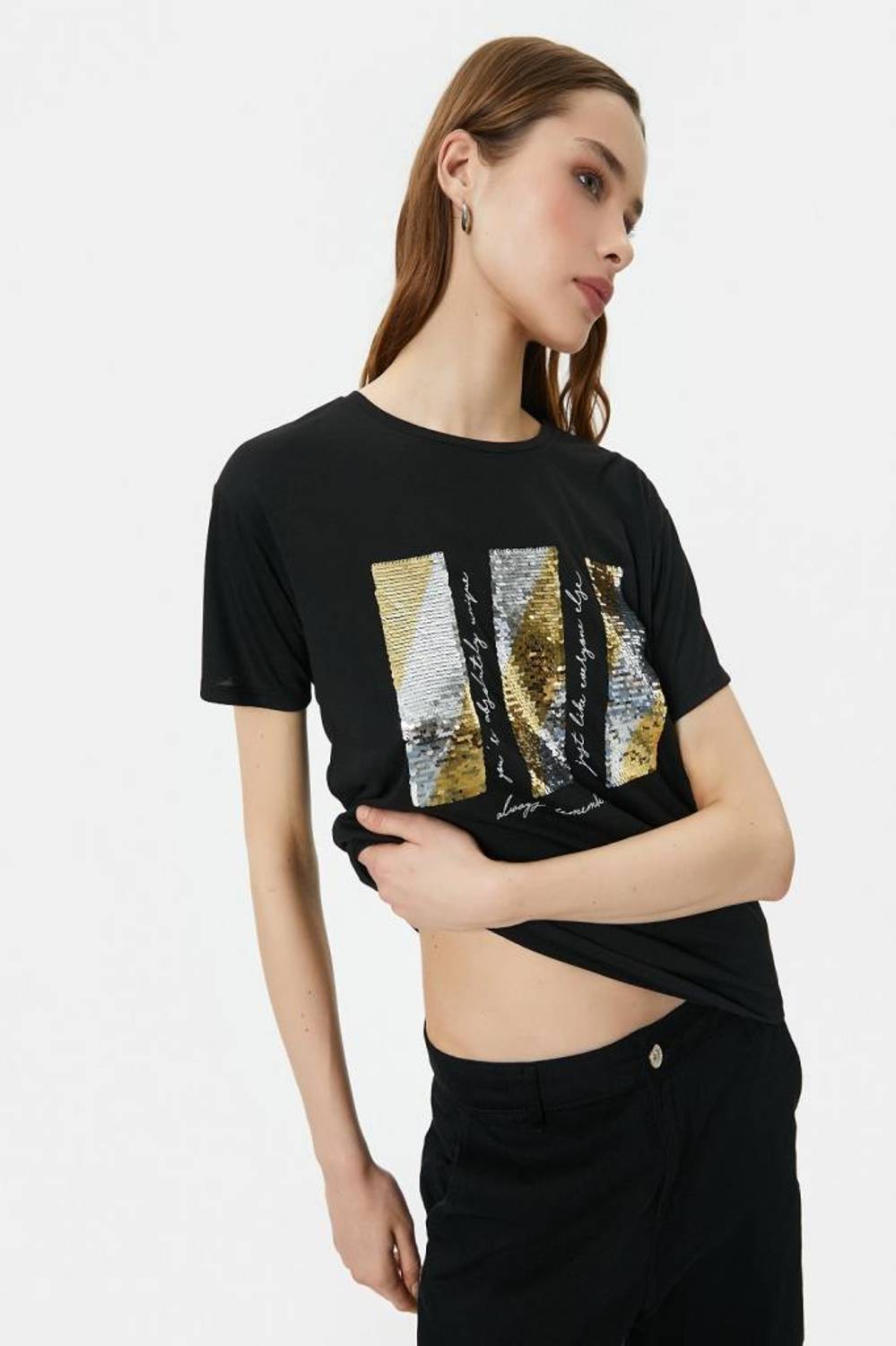 Короткий рукав с блестками черная футболка с круглым вырезом для активного образа жизни