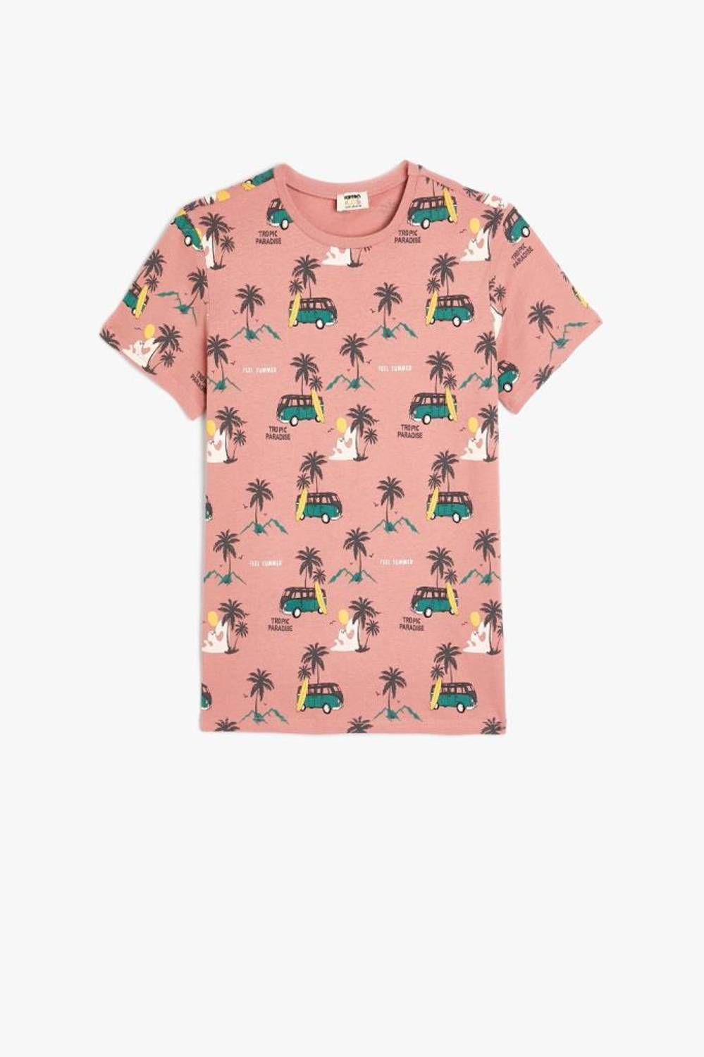 Boys' Cotton T-Shirt with Palm Print, Short Sleeves and Crew Neck in Pink, Available in Youth Sizes 5-6, 9-10, and 11-12