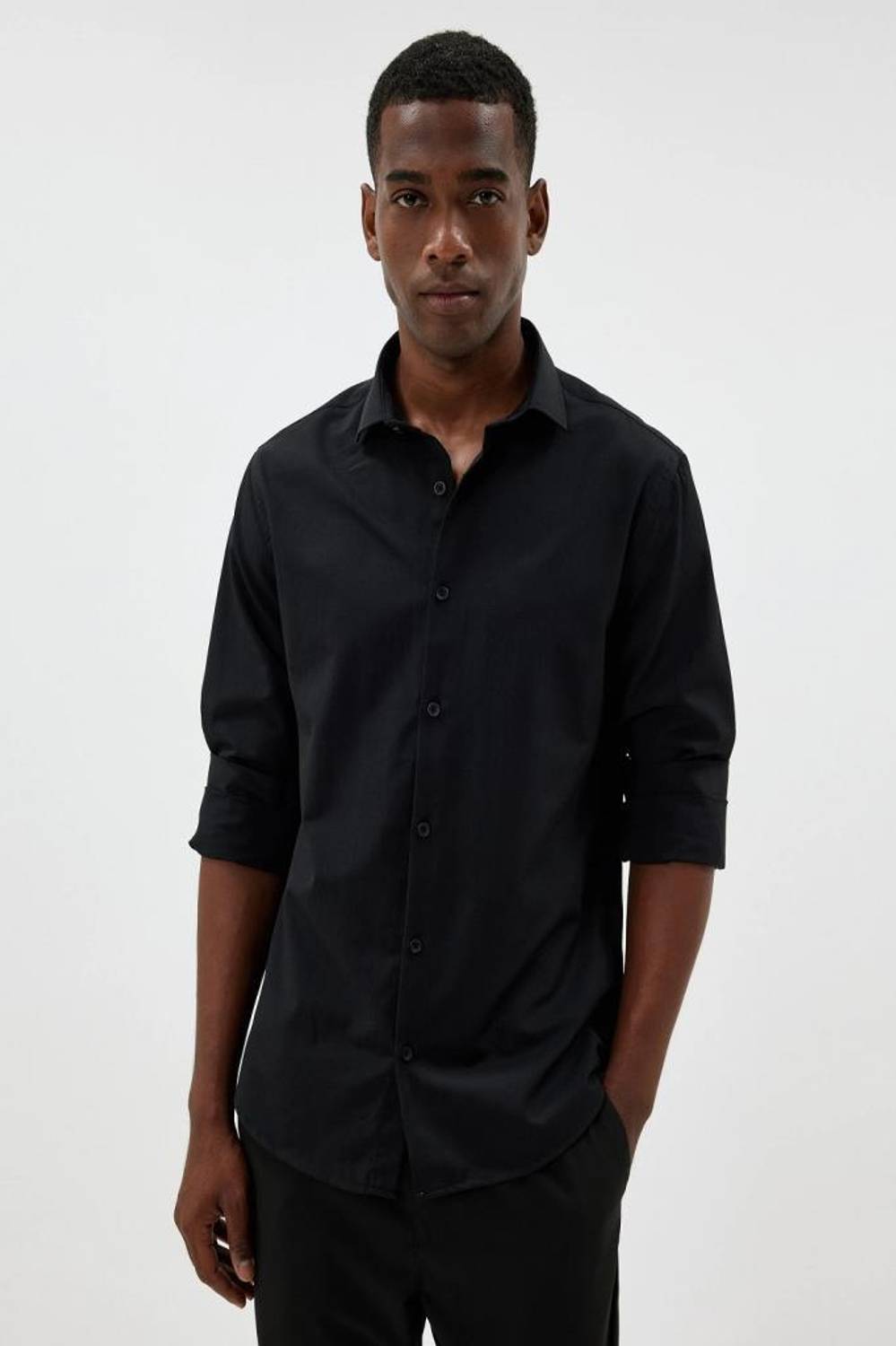 Koton Yarım İtalyan Yaka Gömlek Basic Uzun Kollu Pamuk Karışımlı