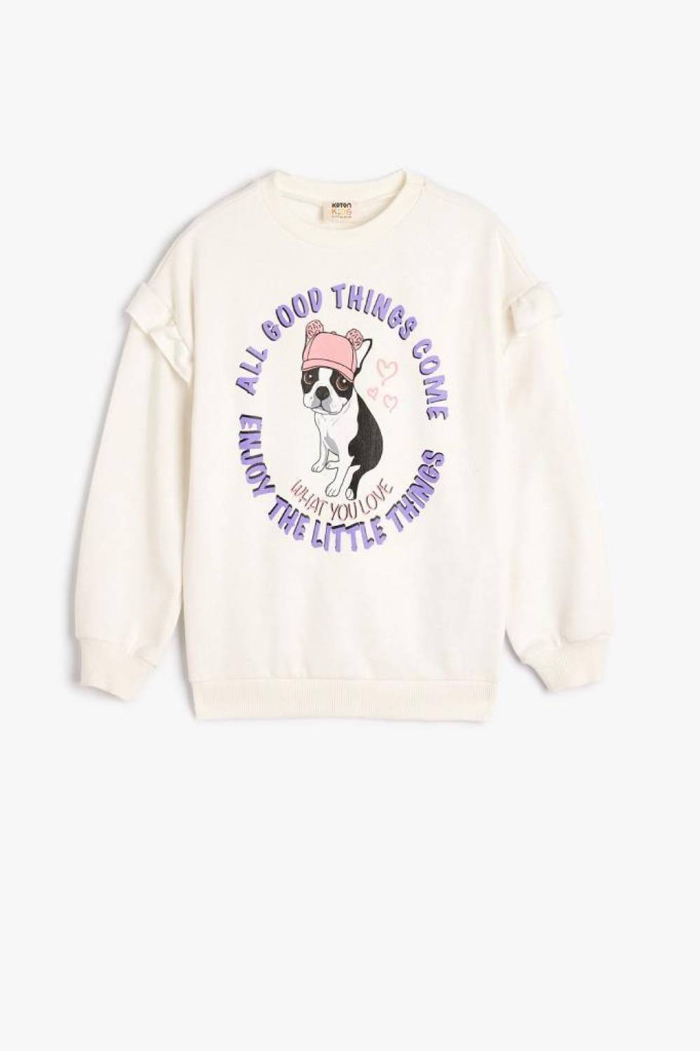 Koton Kız Çocuk Fırfırlı Sweatshirt Köpek Baskılı Uzun Kollu Pamuklu
