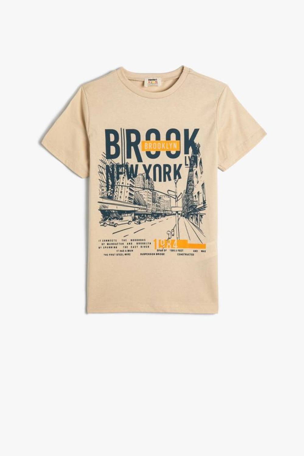 Футболка для хлопчиків Koton з принтом Нью-Йорка, короткий рукав, бежевий, з бавовни, 4-5 років