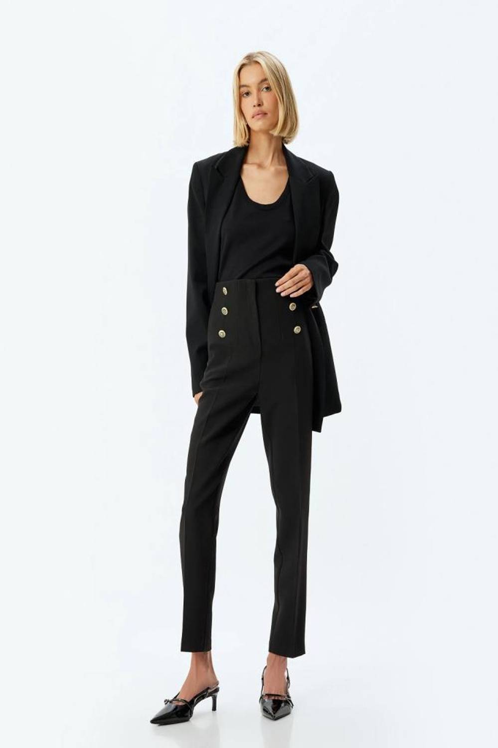 High-Waisted Black Tapered Trousers with Front Gold Button Detail for Office and Casual Wear