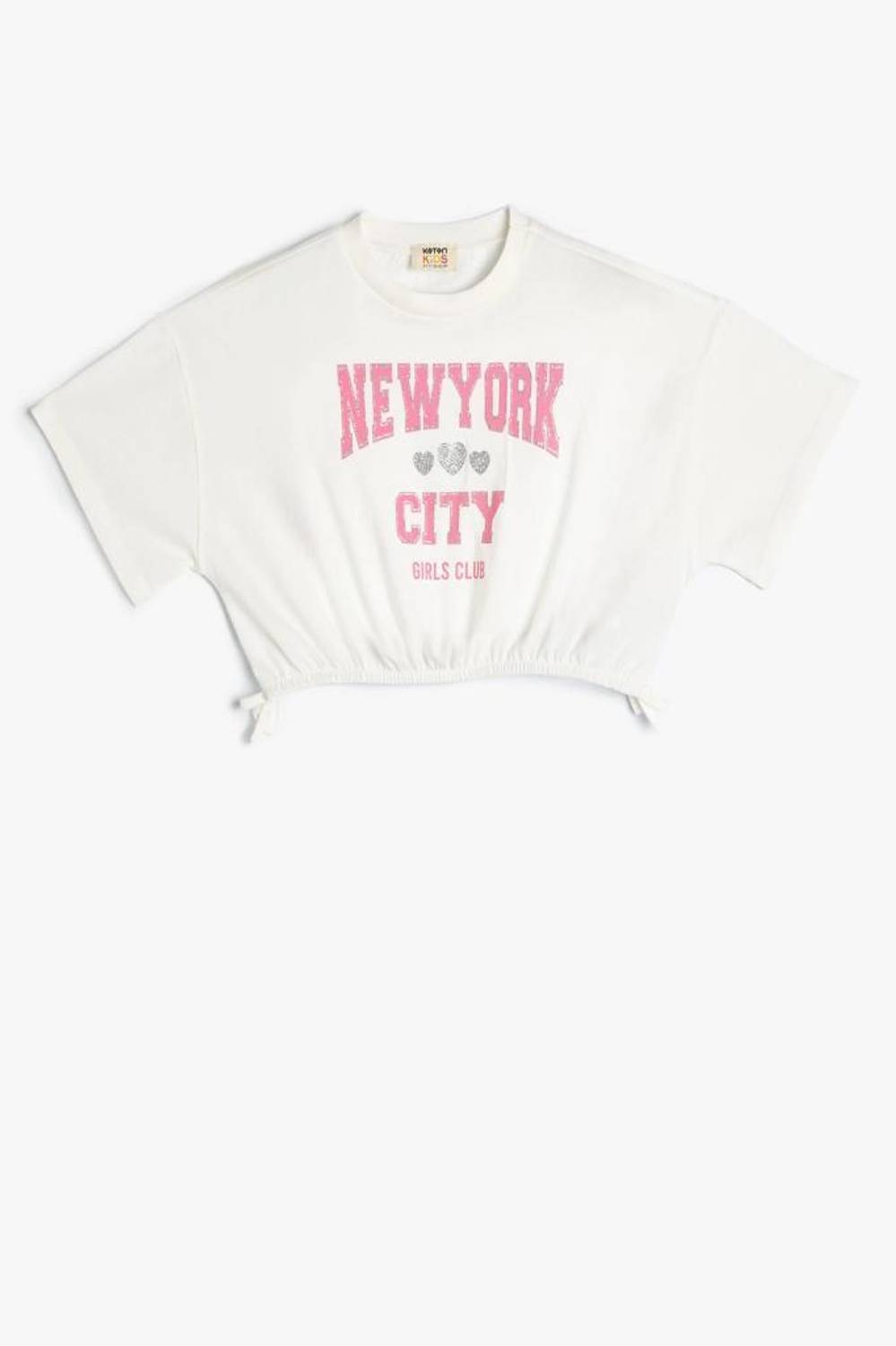 تي شيرت قطني للفتيات من Koton بأكمام قصيرة وطبعة جامعية ورقبة دائرية