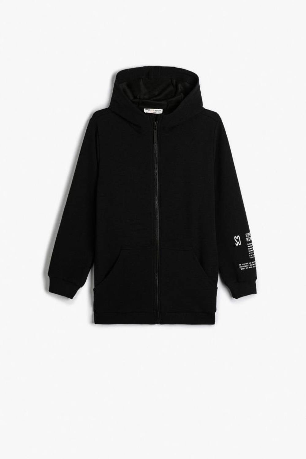 Basic Hooded Sweatshirt with Zipper and Kangaroo Pocket for Boys, Printed Detail - Available in Black, Sizes 9-10 and 11-12