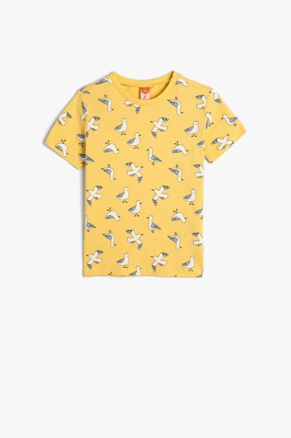 Футболка для мальчиков Koton с коротким рукавом, водоотталкивающим рисунком птиц, из 100% хлопка, желтая, размеры 12-18 месяцев, 3-4 года, 4-5 лет, 24-36 месяцев