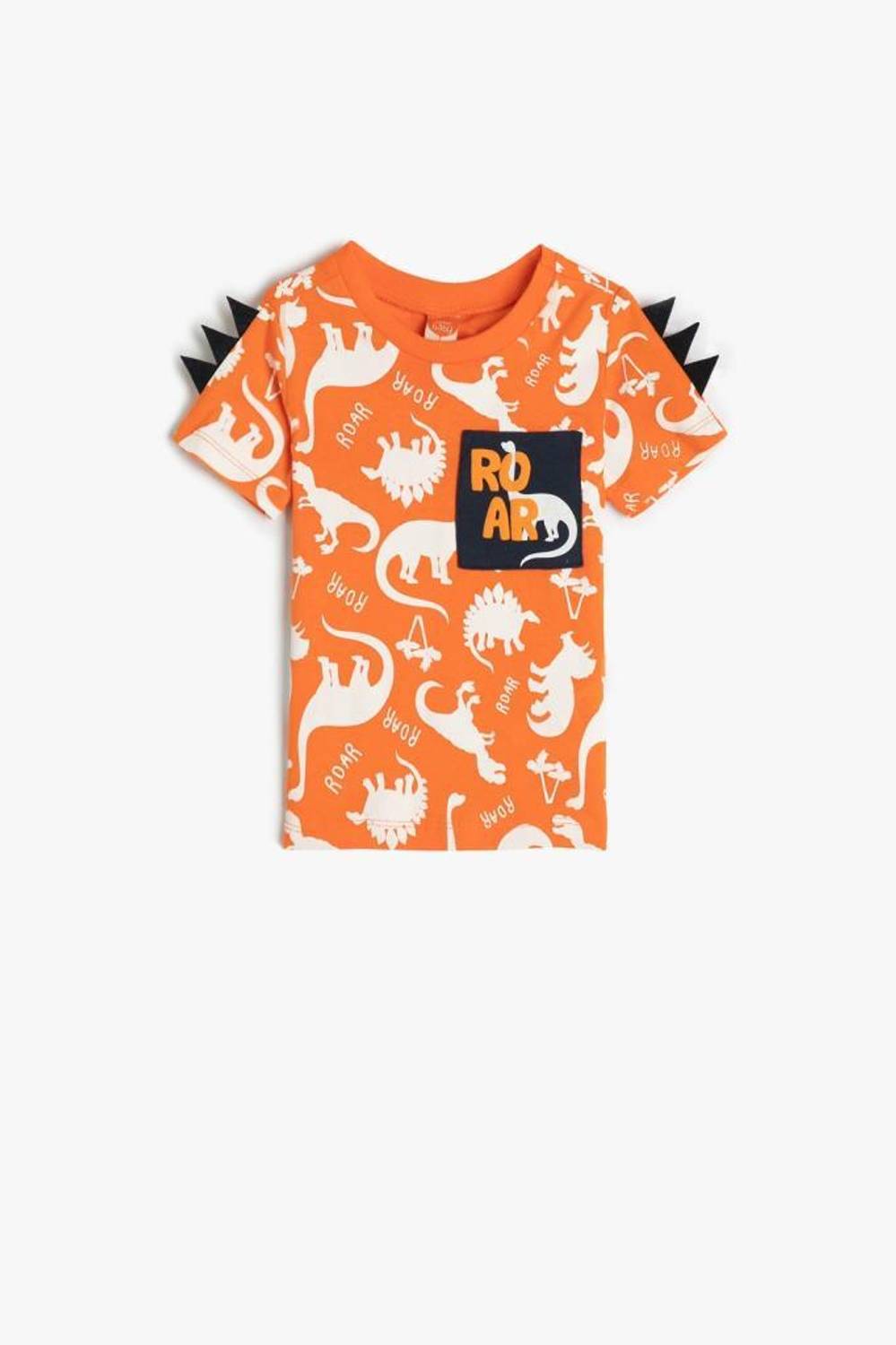 Cotton Short Sleeve Dinosaur Printed T-Shirt for Baby Boys with Applique Detail in Orange
