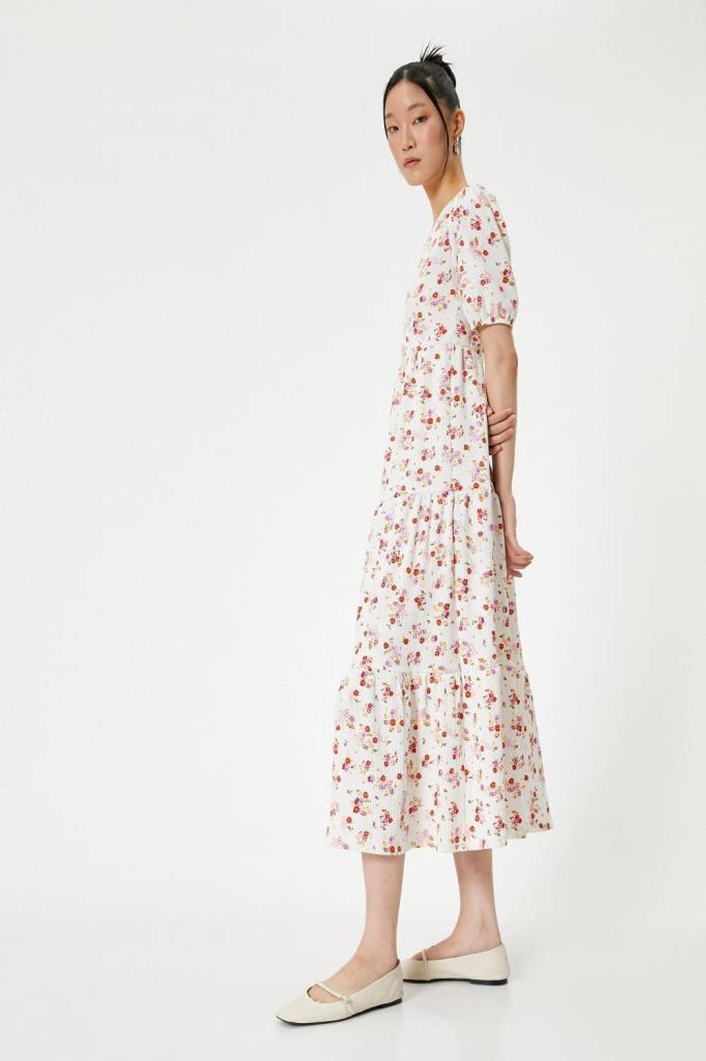 Koton Maksi Çiçekli Elbise Kısa Balon Kol Kruvaze Yaka