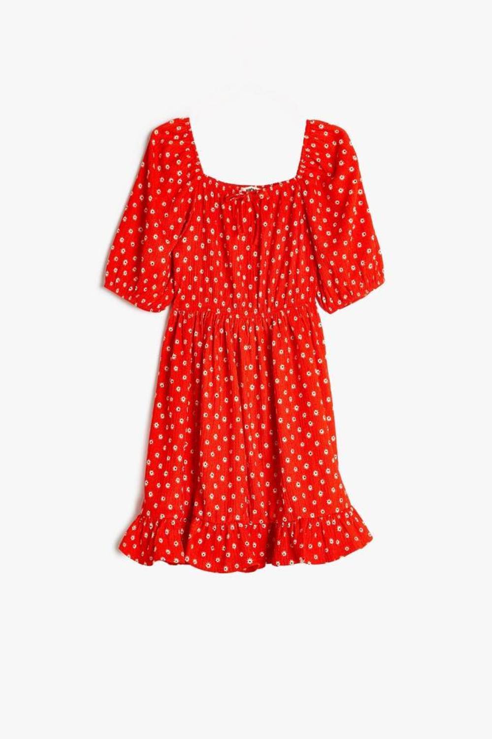 Мини платье для девочек Koton с короткими рукавами и квадратным вырезом, цветочный принт, идеальное для летних вечеринок