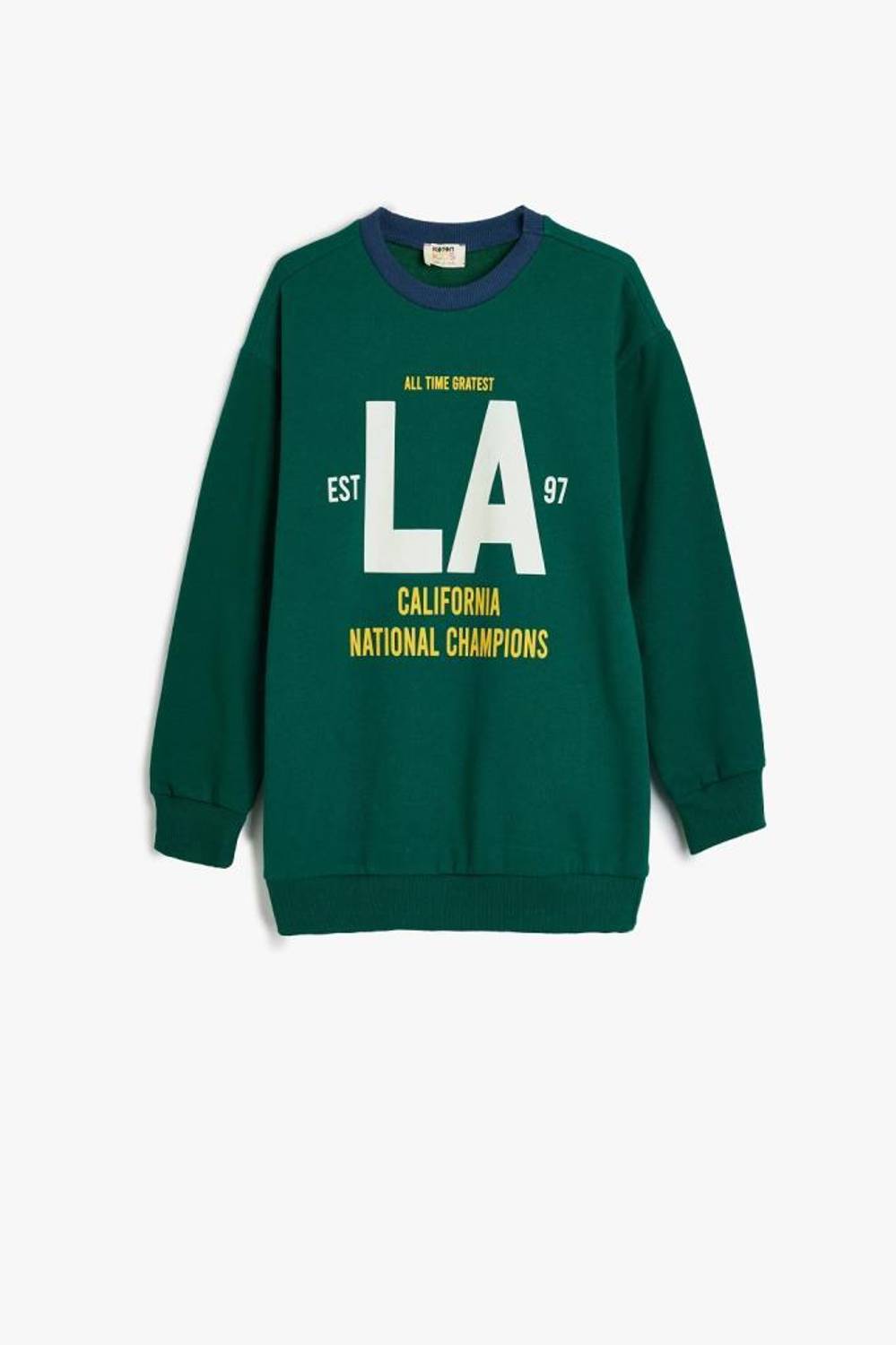 Koton Boys' Oversized College Print Cotton Sweatshirt in Green, Long Sleeve, Bicycle Neck, Available in Multiple Sizes