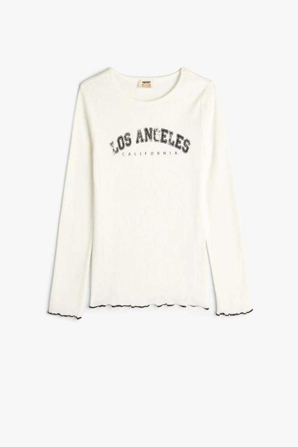 Koton Kız Çocuk Tişört Şehir Baskılı Uzun Kollu Bisiklet Yaka Ribanalı Pamuklu