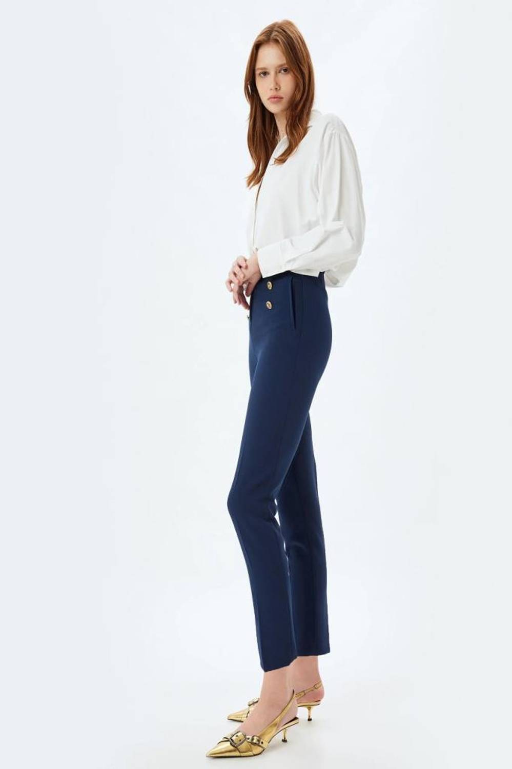 High-Waisted Trousers with Front Gold Button Detail in Carrot Cut for Office and Casual Wear, Available in Navy, Sizes 36 to 42