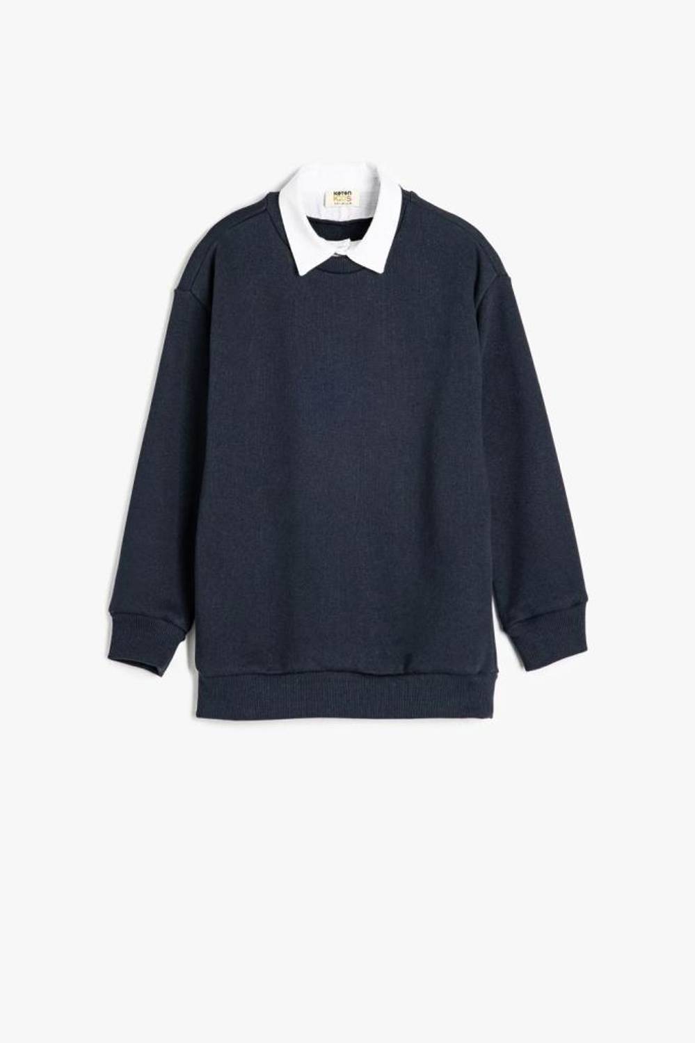 Boys' Basic Long Sleeve School Sweatshirt with Collar Detail, Cotton Blend in Navy Blue