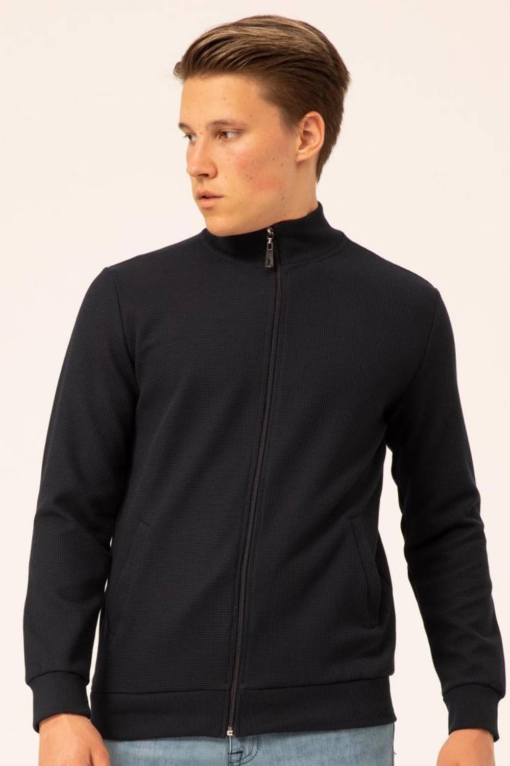 Hipatu Waffle Fermuarlı Lacivert Hırka 