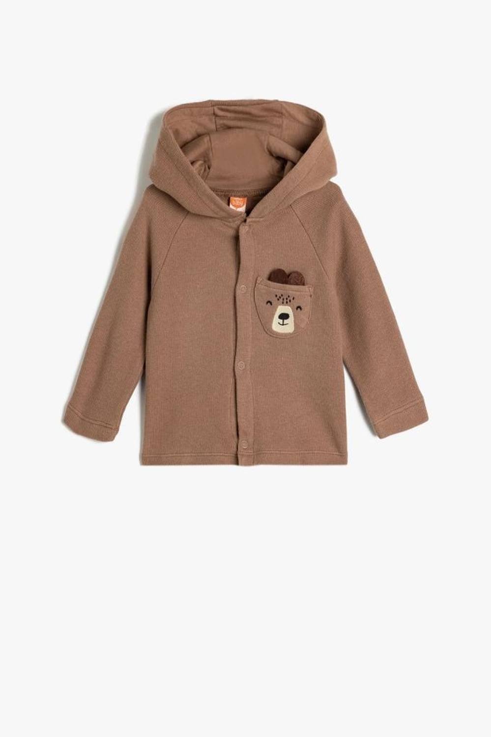 Худи для мальчиков Koton с капюшоном, пуговичной застёжкой и аппликацией мишки из чистого хлопка